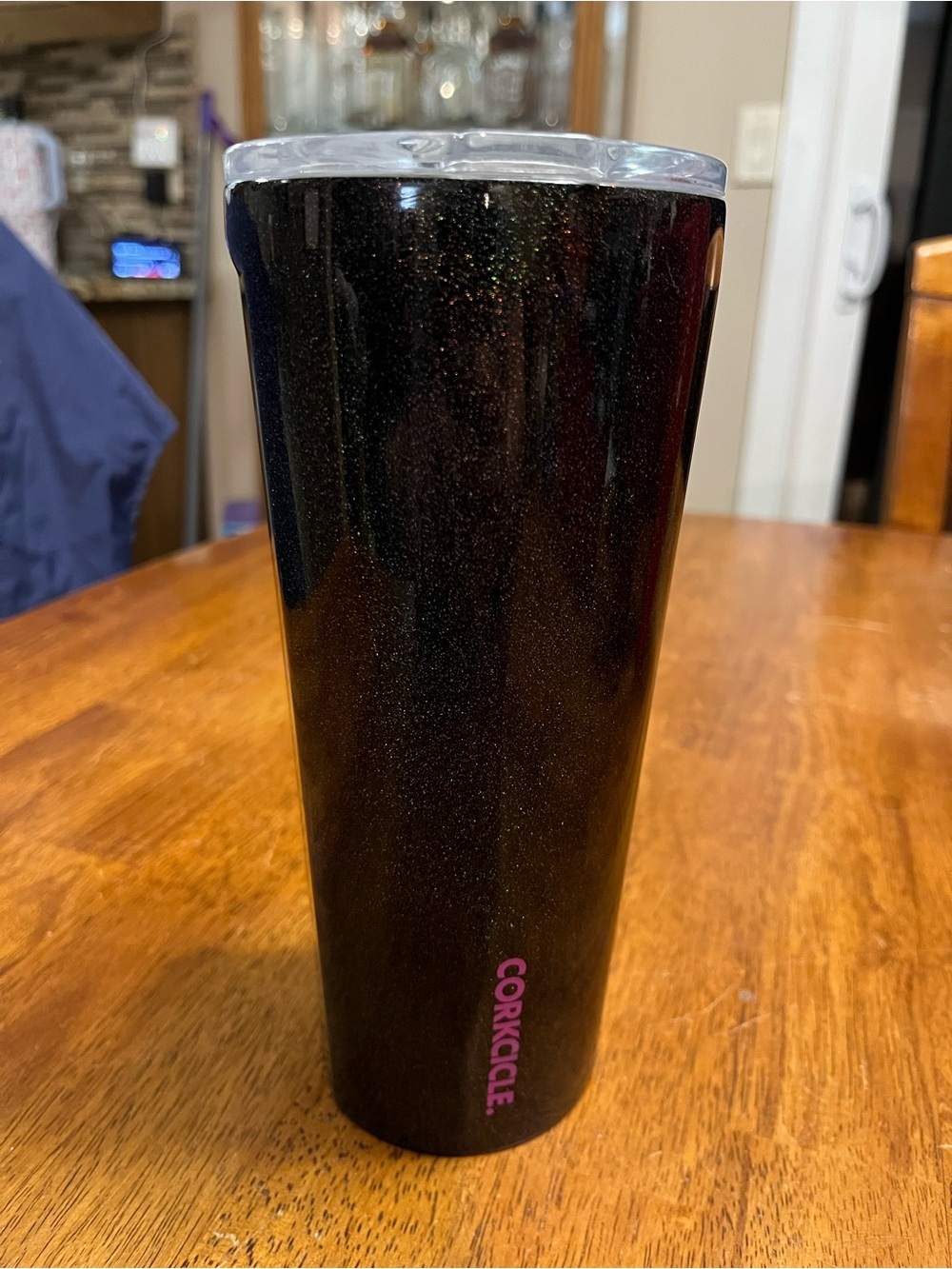 Corkcicle Black Glitter Tumbler with Pink Logo Accent